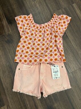 Zara Girls Pink Sunburst Top and Pink Denim Shorts